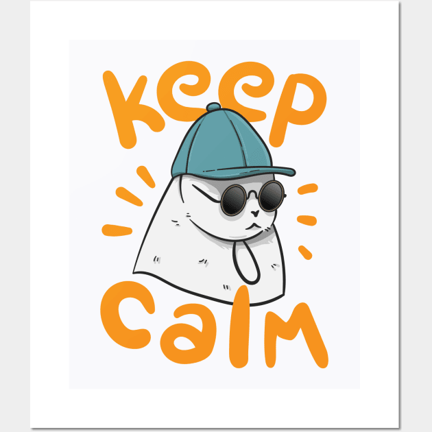 Illustration of a white cat wearing glasses and a hat "Keep Calm" Wall Art by Wahyuwm48